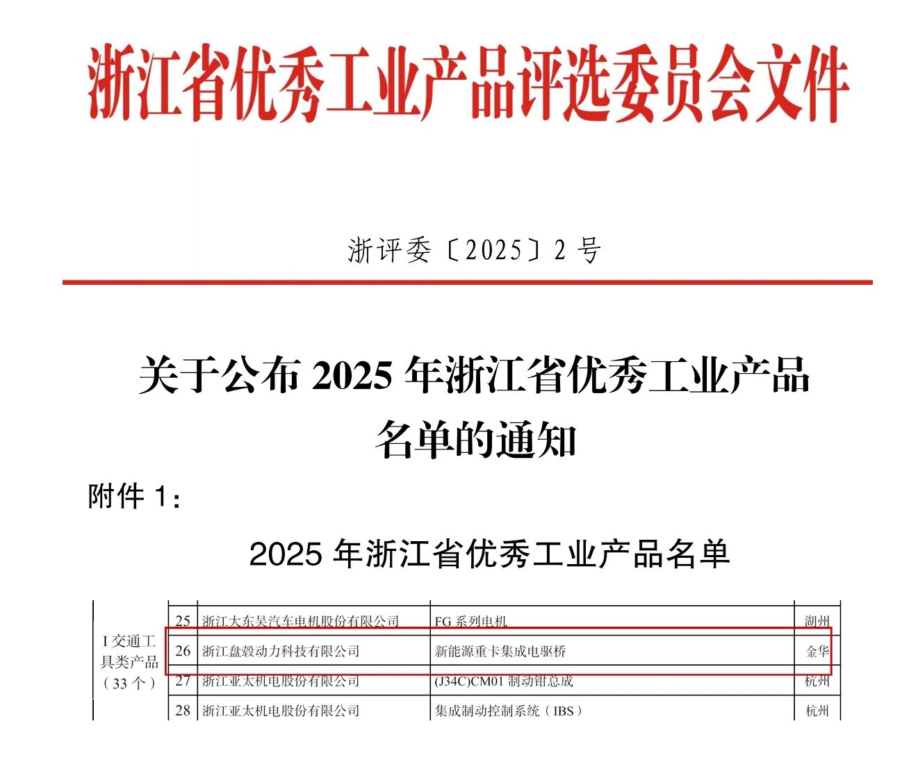 盘毂新能源重卡集成电驱桥入选“2025年浙江省优秀工业产品”